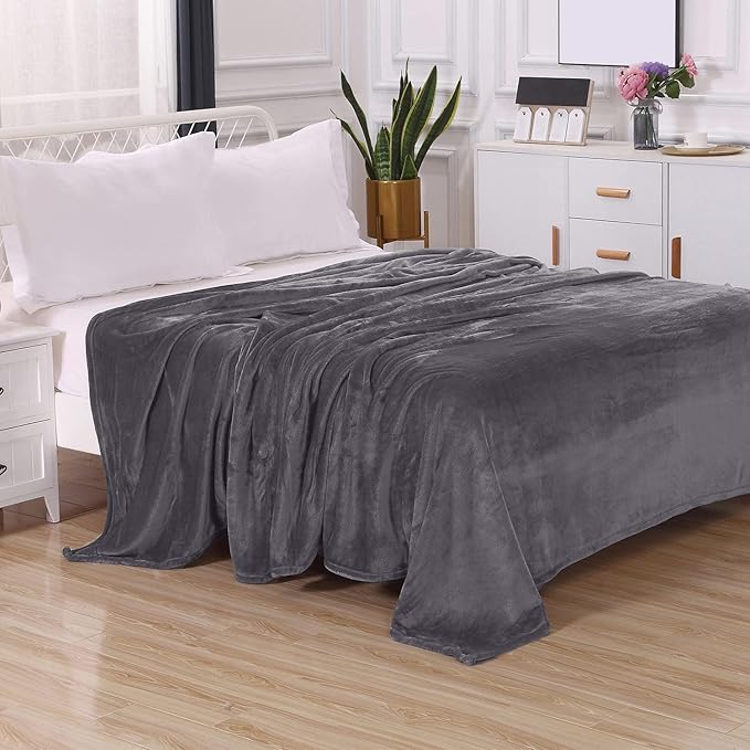 Elegant Comfort Luxury Velvety Feel Blanket, All-Season Lightweight Blanket, Ultra Plush, Soft, Cozy-Fuzzy Flannel Fleece for Couch, Sofa, Bed, Travel, Solid Design, Full/Queen, Grey