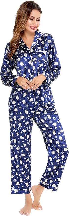 SWOMOG Womens Silk Satin Pajamas Set Long Sleeve Button Down Sleepwear 2 Piece Lounge Set Pj Set XS-3XL