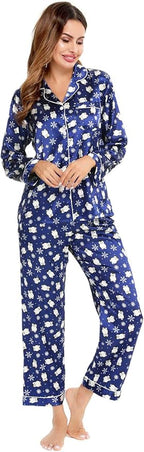 SWOMOG Womens Silk Satin Pajamas Set Long Sleeve Button Down Sleepwear 2 Piece Lounge Set Pj Set XS-3XL