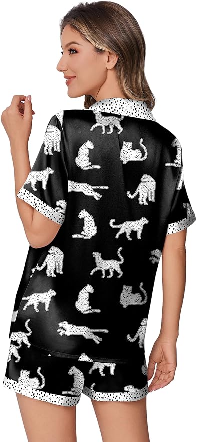 Ekouaer Womens Silk Satin Pajamas Set Animals Print Pjs Button Down Short Sleeve Lounge Set 2 Piece Sleepwear