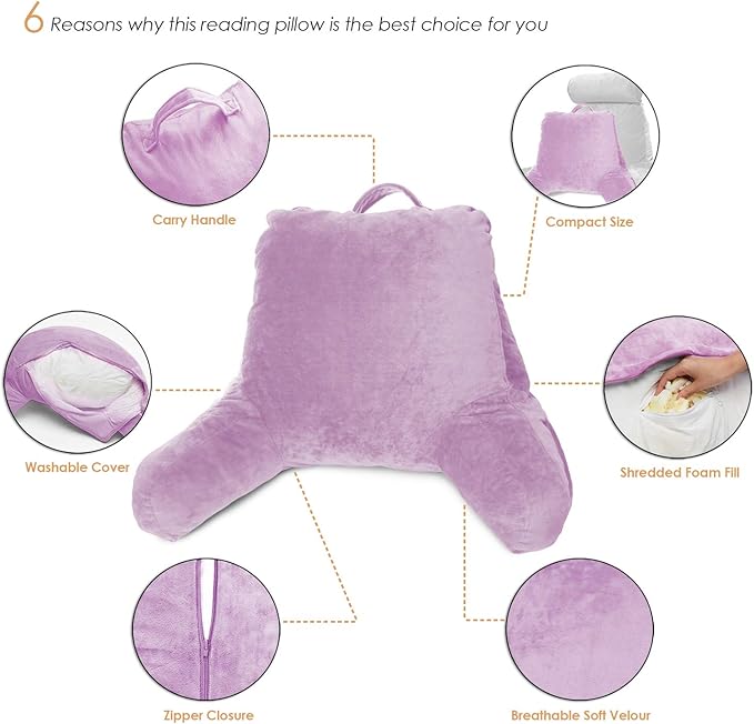 Clara Clark Reading Pillow for Kids & Teens with Shredded Memory Foam, Backrest Pillows for Reading, Watching, and Gaming, Use on The Couch, Bed, or Floor, Adjustable Support, Washable Cover Lavender