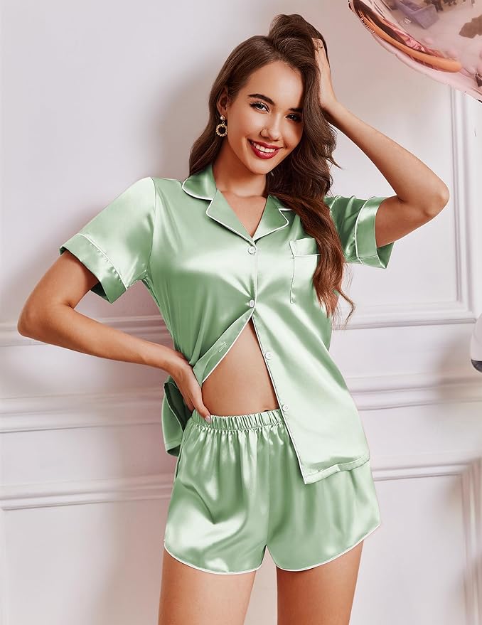 Ekouaer Womens Silk Satin Pajamas Short Sleeve PJS Shorts Set Soft Button Down Sleepwear 2 Piece Loungewear S-5XL