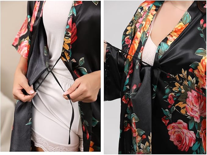 QXQTER Peony Floral Silky Satin Robe Wedding Bridal Party Bride Bridesmaid Robes for Women Dressing Gown Kimono Robe