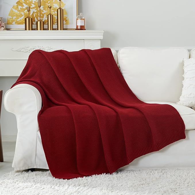 Longhui bedding Burgundy Cotton Cable Knit Throw Blanket for Couch Sofa Chair Bed Home Decorative, 3.4 Pounds 60 x 80 Inch Woven Throw Blankets with Bonus Laundering Bag