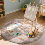 OLANLY Beige Tie-dye Round Rugs for Bedroom - Machine Washable, 4x4 Feet Circle Area Rugs for Living Room, Soft and Fluffy Shaggy Carpet for Girls and Boys, Nursery Rooms, Dorms, Home Decor Aesthetic