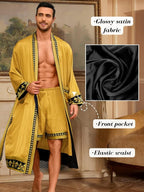 ChiaoLezhee Men's Luxury Silky Robe & Shorts Set, 2PC Lightweight Satin Pajamas with Pockets, Opulent Baroque Kimono Gifts