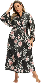 Women's Floral Long Satin Robes Plus Size Long Silk Robes Peacock Floral Kimonos Sleepwear Dressing Gown