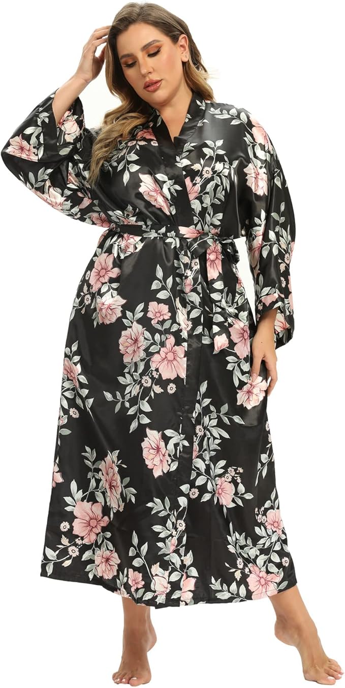 Women's Floral Long Satin Robes Plus Size Long Silk Robes Peacock Floral Kimonos Sleepwear Dressing Gown