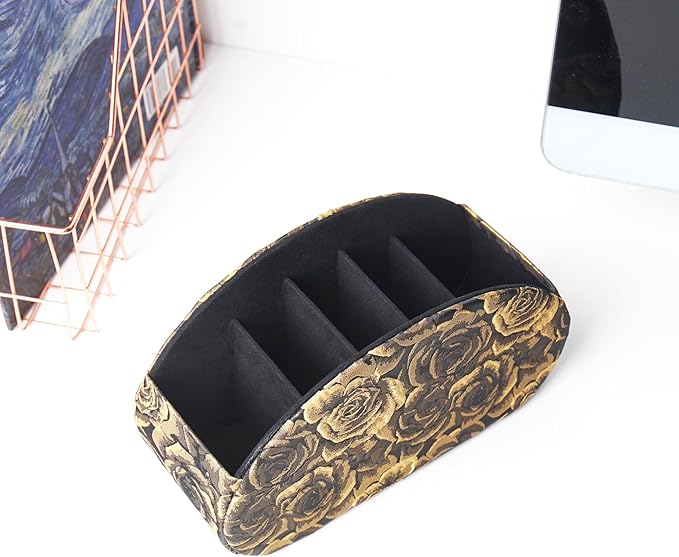 QIELIZI Remote Control Holder, PU Leather Remote Caddy Desktop Organizer with 5 Spacious Compartments for TV Remotes/Media Controllers/Office Supplies (1-3D Rose Yellow