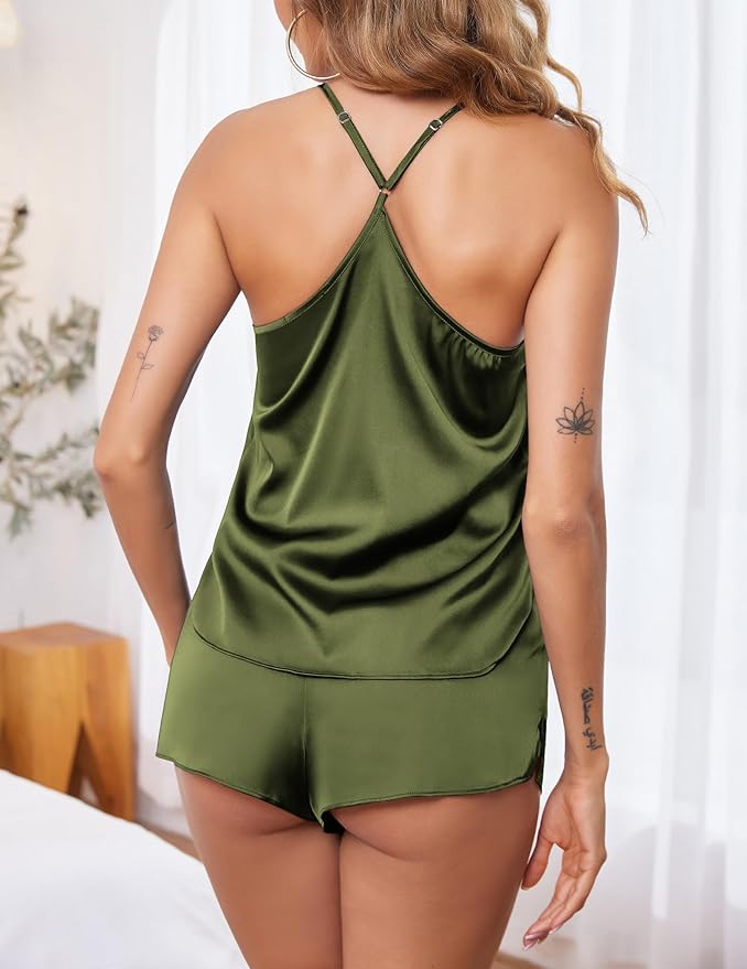 Ekouaer Silk Pajamas Set for Women Satin Lingerie Pjs Cami Top and Shorts Soft 2 Piece Nightwear