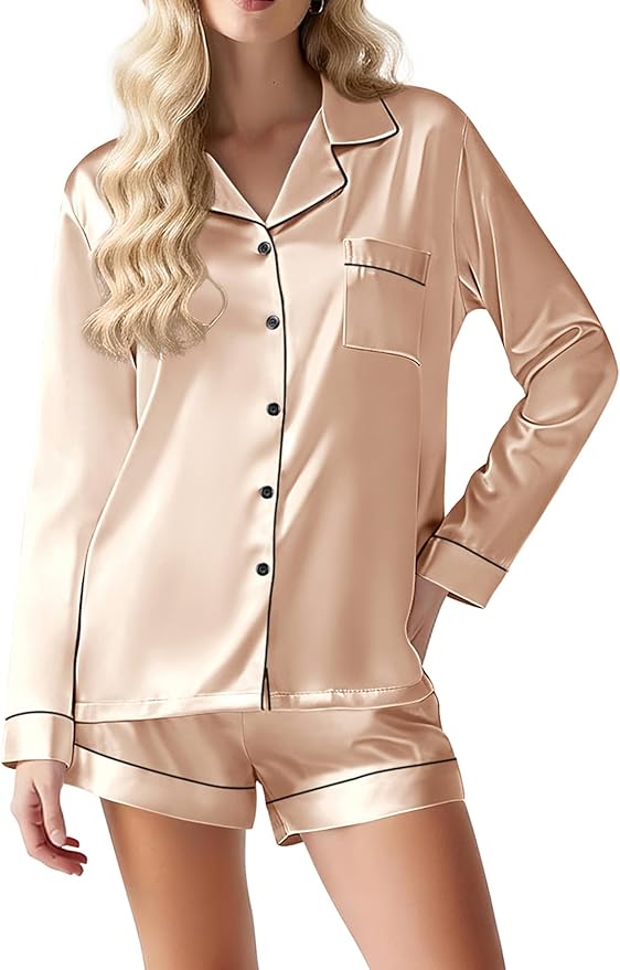 Ekouaer Satin Pajama Set for Women Button Down Pj Set Long Sleeve Top and Shorts 2 Piece Loungewear Summer Soft Sleepwear