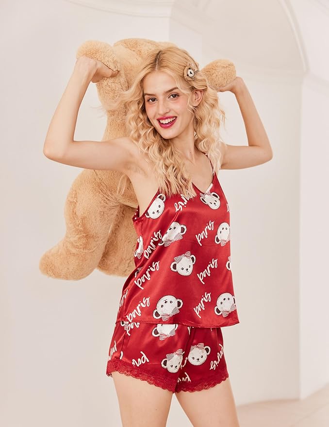 Ekouaer Satin Pajamas Women Lace Sleepwear Lingerie Cami Shorts Set Nightwear XS-XXL
