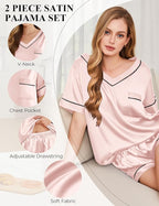Silk Pajamas for Women Short Sleeve Satin 2 Piece Pj Set Soft V Neck Sleepwear Loungewear, S-XXL