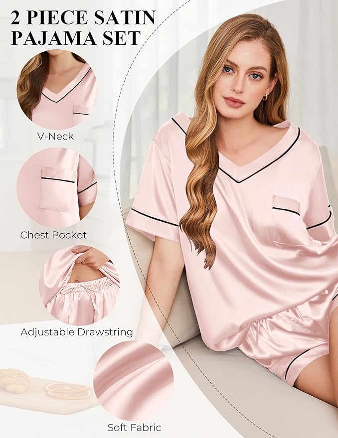 Silk Pajamas for Women Short Sleeve Satin 2 Piece Pj Set Soft V Neck Sleepwear Loungewear, S-XXL