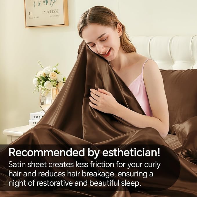 BEDELITE King Size Sheets Set, Luxury Soft Brown Satin Sheets for Hair and Skin, Similar to Silk Bed Sheets Set 4 Pieces with 1 Deep Pocket Fitted Sheet, 1 Flat Sheet, and 2 Pillowcases