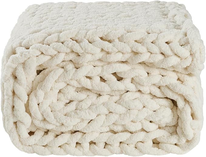YAAPSU Chunky Knit Throw Blanket for Couch, 51"x63",100% Hand Knitted Thick Cable Knit with Cozy Jumbo Chenille Yarn, Soft Large Rope Knot Crochet Blankets for Sofa Bed Living Room Décor,Vintage White