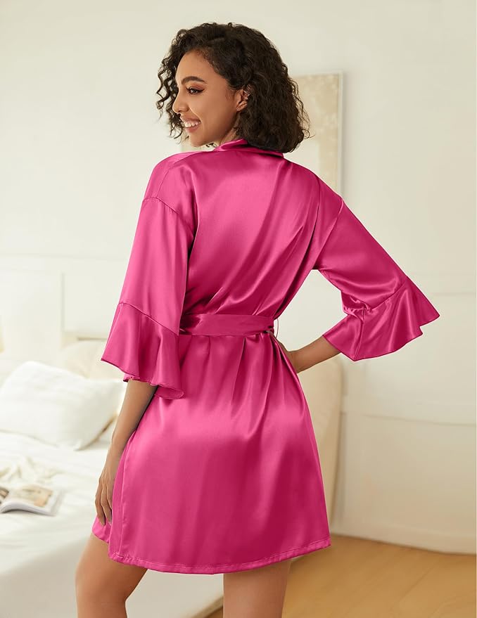 Ekouaer Women's Silk Robe Set V-neck 2 Piece Bridal Party Robes and Satin Bathrobe Set with Pockets