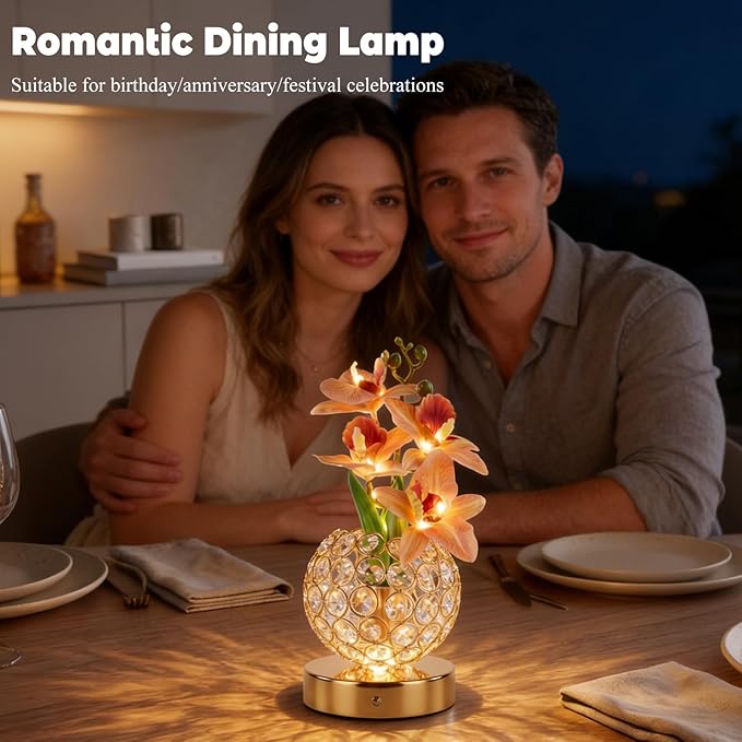 Flower Table Lamp, Orchid Flower with Crystal Vase Lamp, Cordless Touch Desk Light, 3 Colors Dimming & Rechargeable, Small Night Light for Bedroom Home, Romantic Gifts for Girl Women (White)