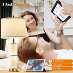 SAIWEYA Crystal Table Lamps Modern 3-Way Dimmable Bedside Lamp with 2 USB Ports & AC Outlets for Living Room Bedroom Nightstand Lamp Night Light