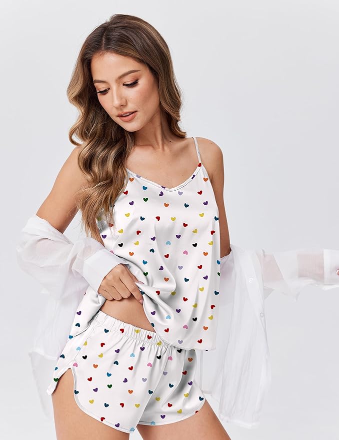 Ekouaer Satin Pajamas Set for Women Silk Cami Pjs Sets Soft Sleepwear V Neck Camisole Top and Shorts