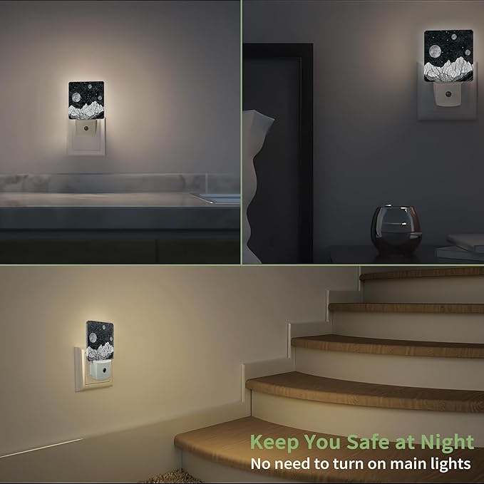 Night Sky Mountains Night Light, Moon Night Light Plug into Wall with Dusk to Dawn Sensor, LED Lamp Energy Saving Lights for Men Women Boys Girls,Lamp for Bedroom Bathroom Hallway