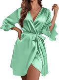 Ekouaer Women's Satin Robe Valentines Lingerie for Women Kimono Bathrobe Short Ruffle Belted Robes Bridesmaids Sleepwear