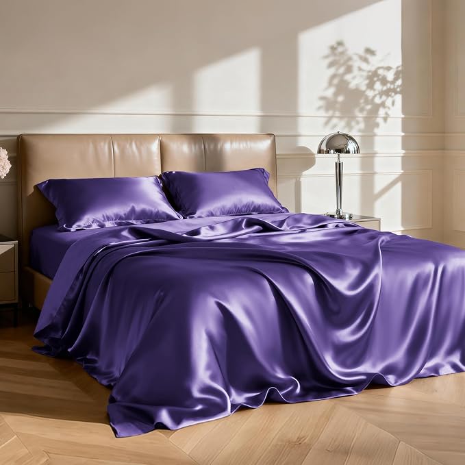 Love's cabin Full Size Satin Sheet Sets - 4 Piece Purple Silky Sheet Set Full with Deep Pocket, Luxury Silk Feel Bed Sheets Full Bedding Set (1 Flat Sheet,1 Fitted Sheet,2 Pillow Cases)