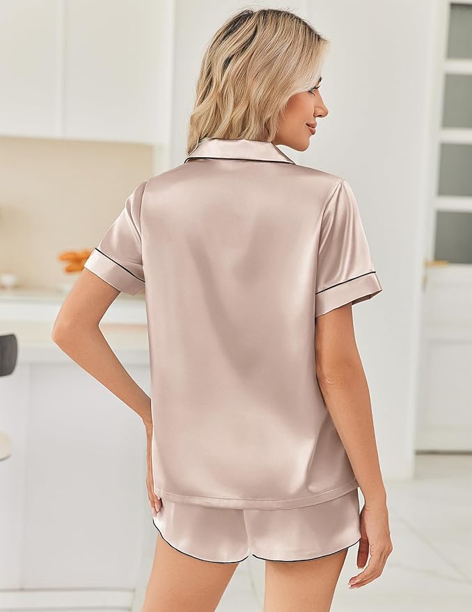 Ekouaer Womens Silk Satin Pajama Sets 2 Piece Button Down Silk Pjs Shorts Sets Cute Print Short Sleeve Sleepwear S-4XL