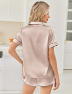 Ekouaer Womens Silk Satin Pajama Sets 2 Piece Button Down Silk Pjs Shorts Sets Cute Print Short Sleeve Sleepwear S-4XL