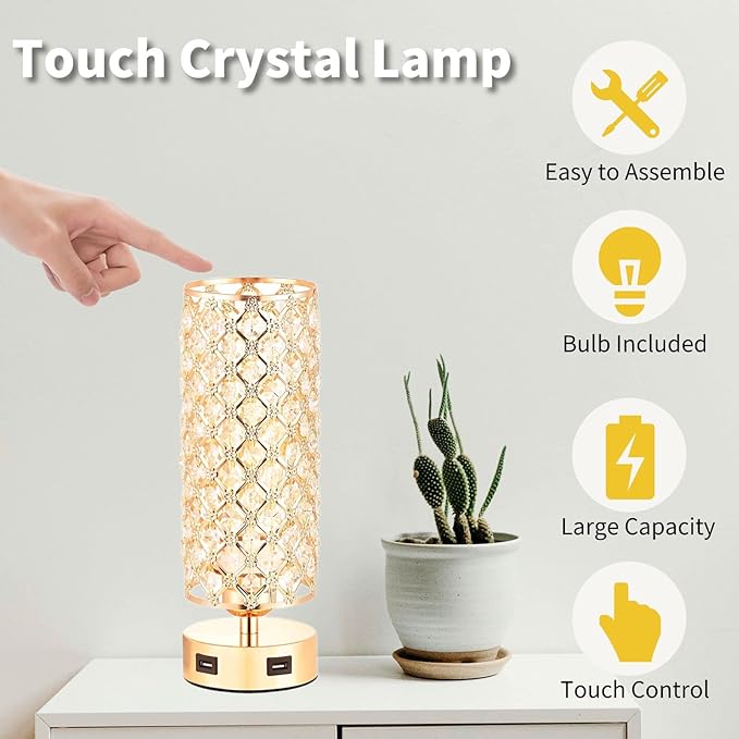 Crystal Table Lamps, Small Touch Desk Lamp Bedside Bedroom Lamp with 2 USB Charging Port Nightstand Night Light Room Decor for Kids Room, Home Office, Living Room,Bar, Restaurant (Gold)
