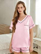 Silk Pajamas for Women Short Sleeve Satin 2 Piece Pj Set Soft V Neck Sleepwear Loungewear, S-XXL