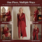 Women Sexy Satin Lace Robe,Long Sleeve Silk Bathrobe with Belt Soft Lightweight Full Length Sleepwear