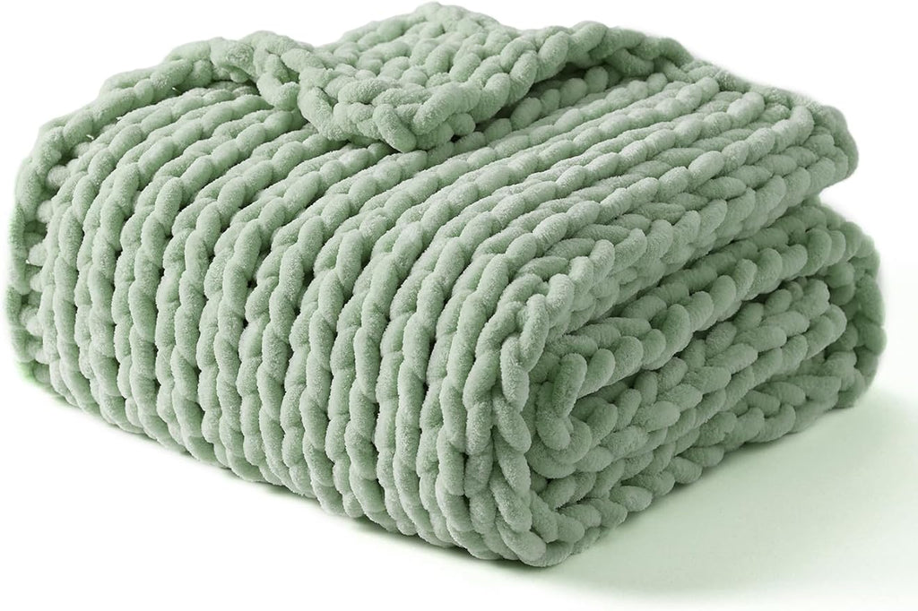 YnM Chunky Throw Blanket, Medium-Weight, Hand Knitted with Chenille Yarn, Skin Friendly, Ventilated and Breathable, Machine Washable, Home Décor Piece for Couch, Sofa and Bed (Sage Green, 80x87 Inch)