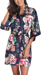 Women's Floral Satin Robes Bride Bridesmaid Getting Ready Robe Short Silky Kimono Sleepwear for Wedding Party