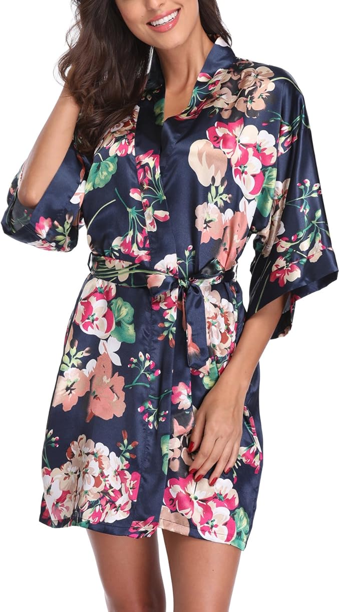Women's Floral Satin Robes Bride Bridesmaid Getting Ready Robe Short Silky Kimono Sleepwear for Wedding Party