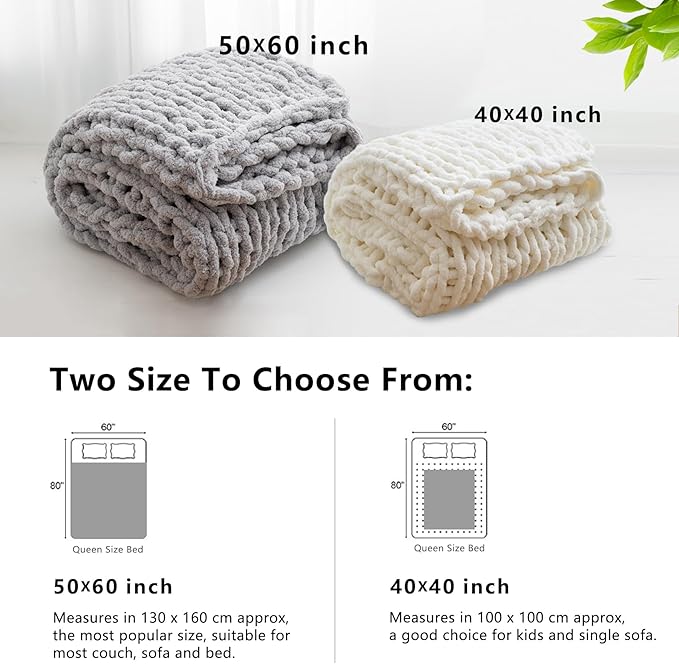 WESHIONGOO Chunky Knit Blanket Throw Knitted Throw Blankets for Couch Bed Fluffy Soft Blanket with Jumbo Chenille Yarn Thick 100% Handmade (White, 51"×63")