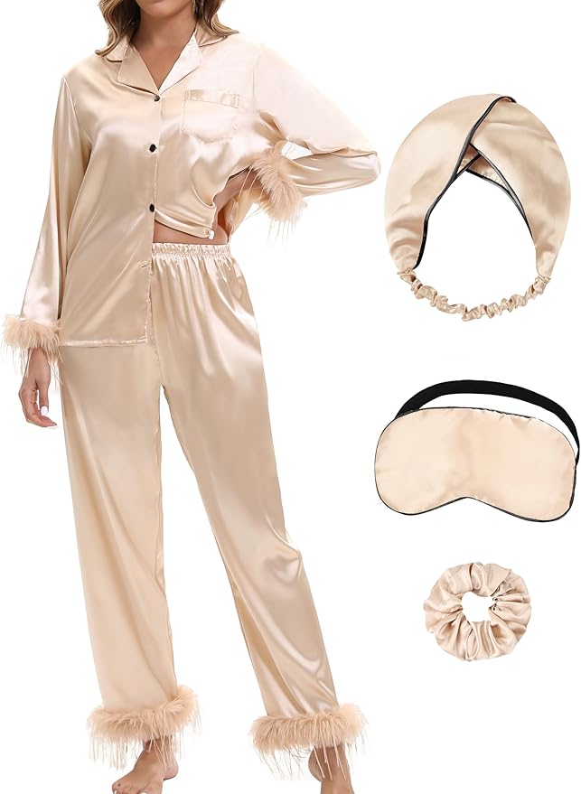 MORFORU Satin Pajama Set for Women Feather Trim Long Sleeve Pjs with Sleep Mask Headband Scrunchie Sleepwear Lounge Set