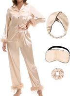 MORFORU Satin Pajama Set for Women Feather Trim Long Sleeve Pjs with Sleep Mask Headband Scrunchie Sleepwear Lounge Set