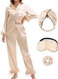 MORFORU Satin Pajama Set for Women Feather Trim Long Sleeve Pjs with Sleep Mask Headband Scrunchie Sleepwear Lounge Set