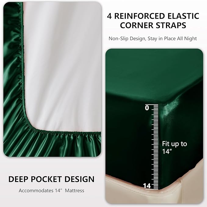 CozyLux Satin Sheets Full Size Sheets - 4 Piece Silky Full Size Bed Sheets, Luxury Dark Green Full Bed Set with Smooth and Soft Microfiber, Includes 1 Fitted Sheet, 1 Flat Sheet and 2 Pillowcases