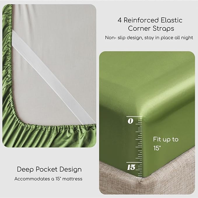 MR&HM Satin Bed Sheets, Full Size Sheets Set, 4 Pcs Silky Bedding Set with 15 Inches Deep Pocket for Mattress (Full, Sage)