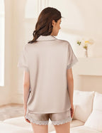 Ekouaer Womens Lace Satin Pajama Set Button Down Pj Shorts Set Bridesmaids Getting Ready Outfits Casual Sleepwear XS-XXL