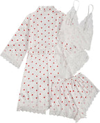 WDIRARA Women' Silk Satin Pajamas Set 4pcs Lingerie Floral Lace Cami Sleepwear with Robe