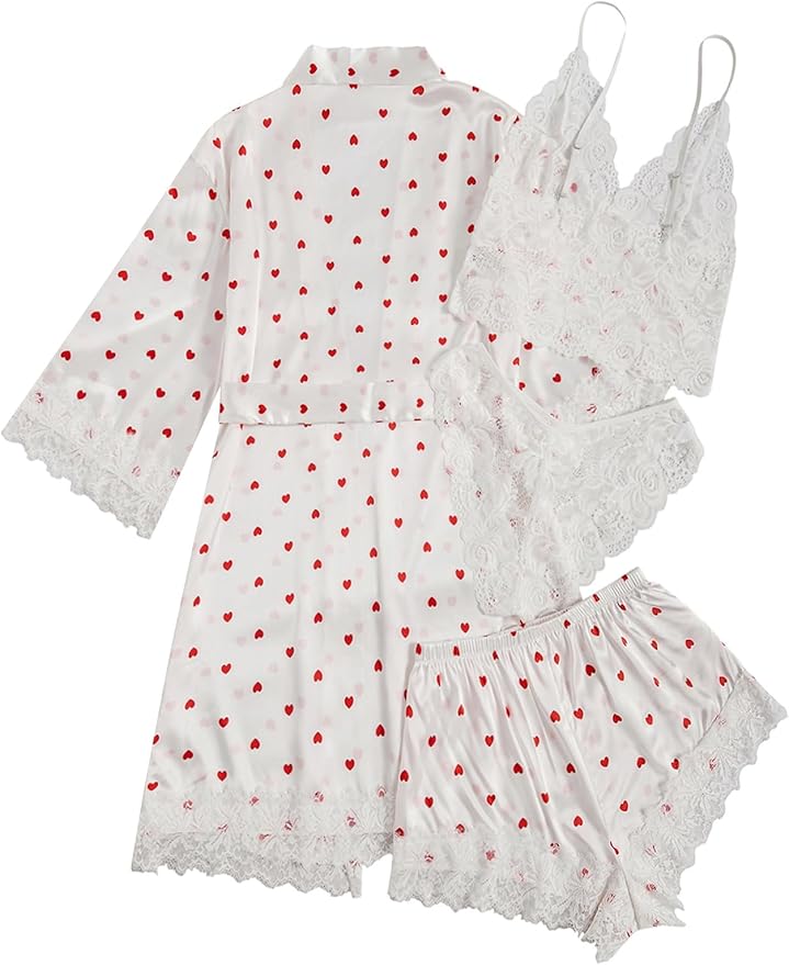 WDIRARA Women' Silk Satin Pajamas Set 4pcs Lingerie Floral Lace Cami Sleepwear with Robe