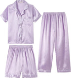Hupohoi Unisex Girls Boys Kids Pajama Sets Button Down Satin Sleepwear Nighty 3PCS Silky Lounge Sets Nightwear