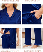 SWOMOG Women Satin Pajamas Set Short Sleeve Top & Pants Sleepwear Silky Button Down Nightwear 2pcs Loungewear Pjs Set