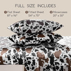 MR&HM Satin Bed Sheets with Elastic Corner Straps, Full Size Sheets Set, 4 Pcs Silky Bedding Set with 15 Inches Deep Pocket for Mattress (Full, Cow Print)