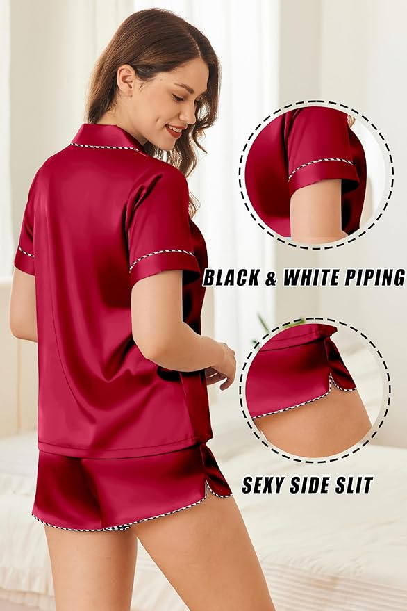 Ekouaer Silk Satin Pajamas Set Short Sleeve Pj Sets Black & White Contrast Piping Pjs Button Down Lounge Sets 2 Piece