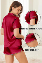 Ekouaer Silk Satin Pajamas Set Short Sleeve Pj Sets Black & White Contrast Piping Pjs Button Down Lounge Sets 2 Piece