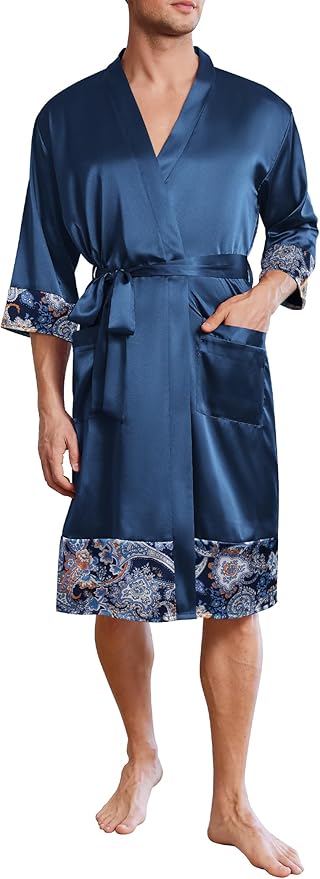 Ekouaer Mens Satin Robe Lightweight Silky Kimono Bathrobe 3/4 Sleeve Spa Knee Length Loungewear with Pockets S-3XL